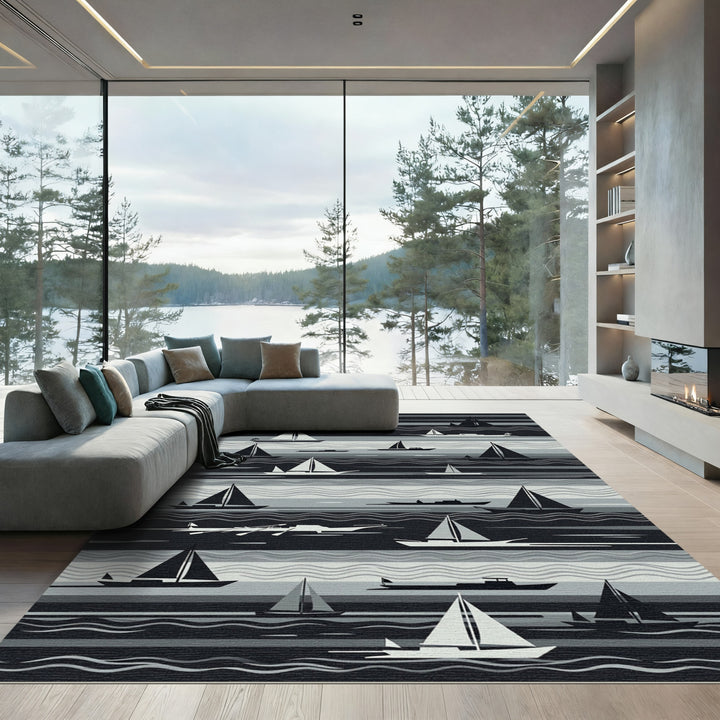 Nautical Sailboats Navy Gray Stripe Rug