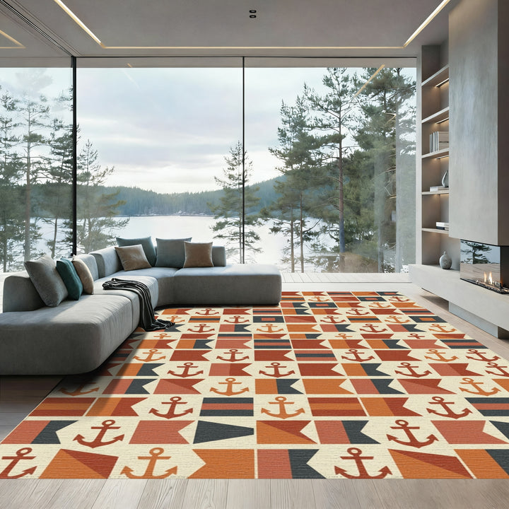 Nautical Anchor Flags Terracotta Palette Rug