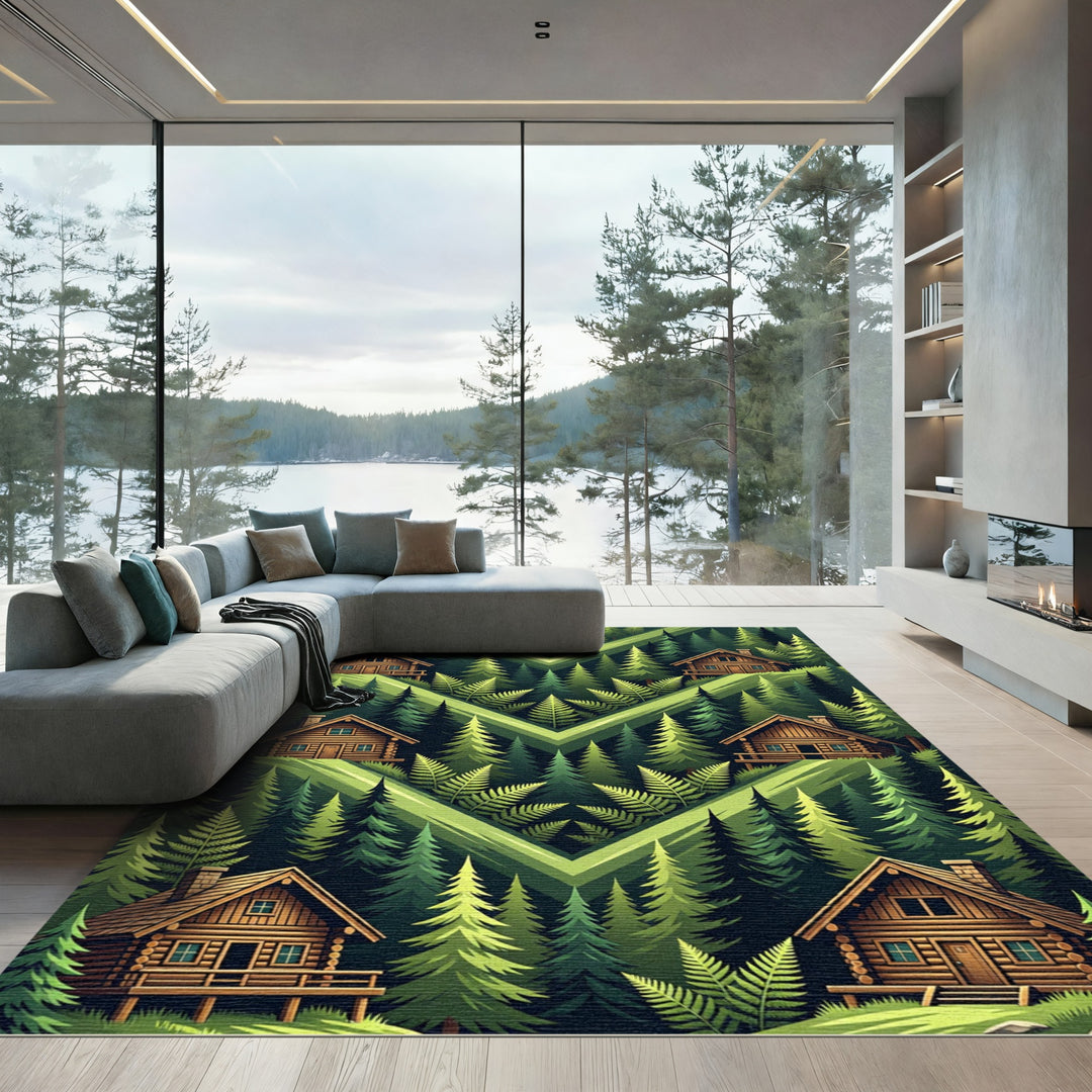 Woodland Cabin Forest Green Ferns Rug