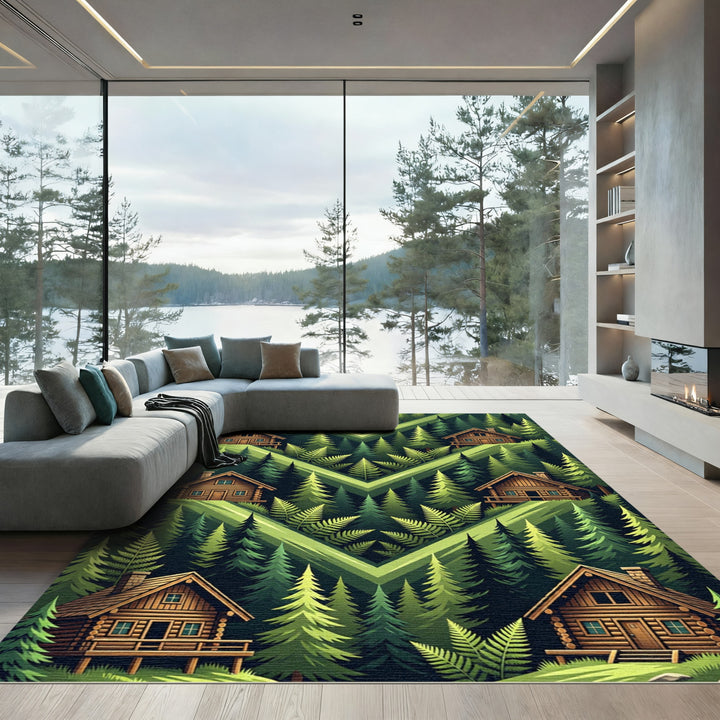 Woodland Cabin Forest Green Ferns Rug