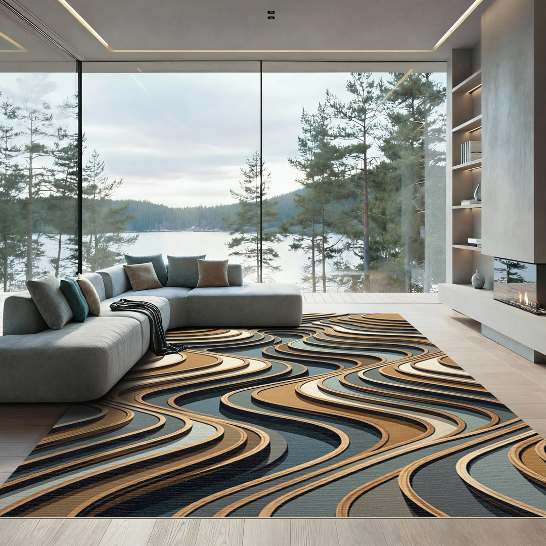 Earthy Tone Wavy Layered Abstract Rug