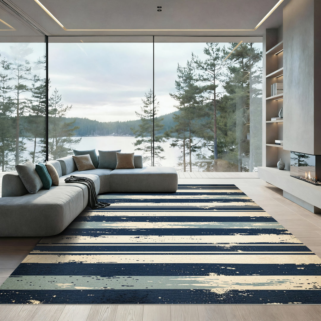 Nautical Blue White Striped Texture Rug