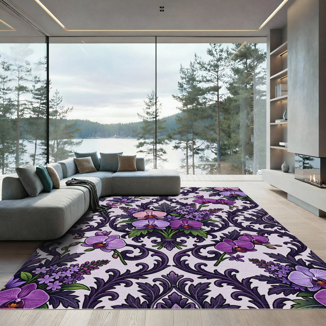 Victorian Plum Orchid Floral Damask Rug
