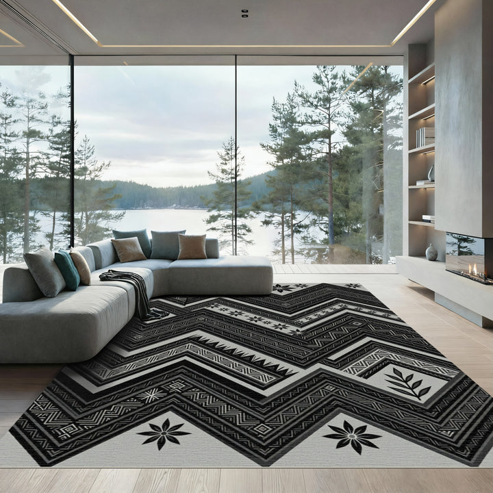 Geometric Chevron Black Floral Arrangement Rug