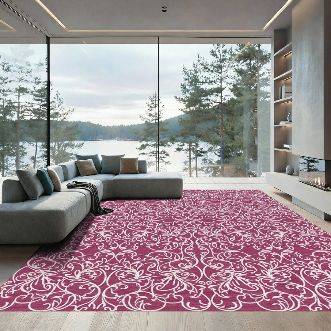 Crimson White Floral Damask Rug