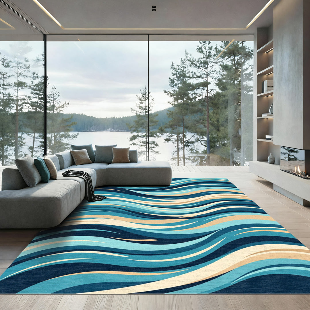 Ocean Waves Blue Cream Abstract Rug