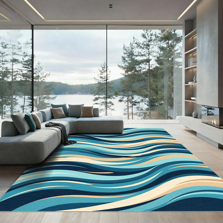 Ocean Waves Blue Cream Abstract Rug