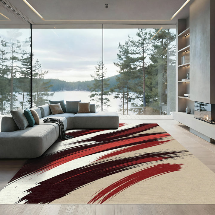 Crimson Scarlet Abstract Brush Stroke Rug