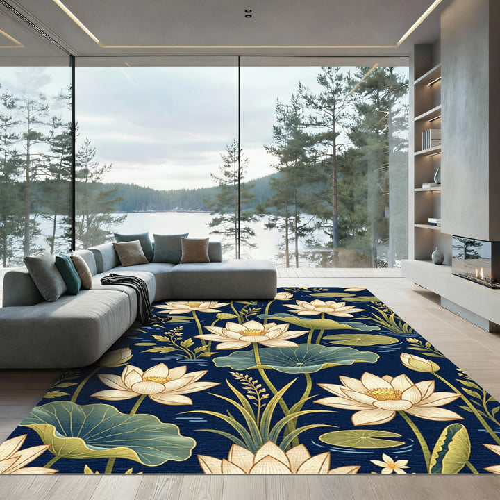 Elegant cream lotus on deep blue water Rug