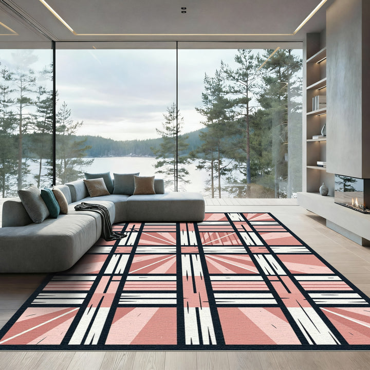 Pink Abstract Plaid Sunburst Rug