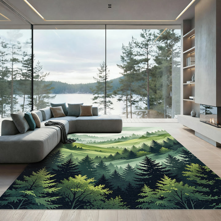 Misty Evergreen Forest Landscape Watercolor Rug