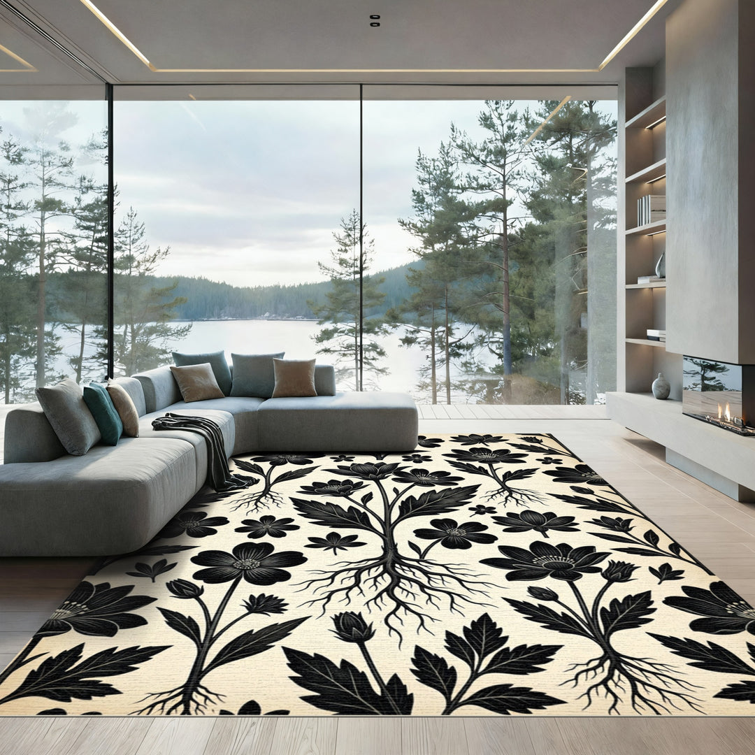 Dark Floral Roots On Cream Rug