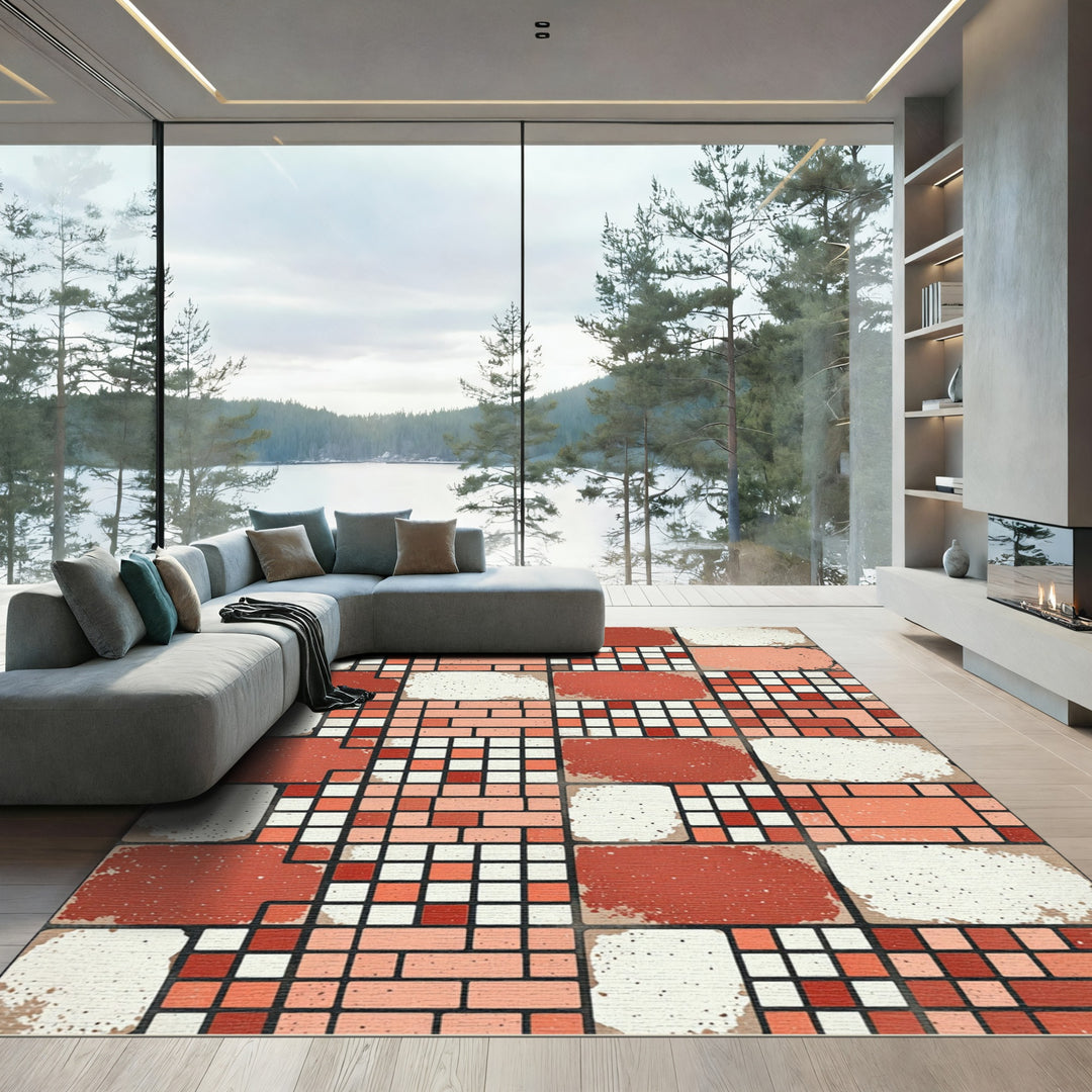 Coral Red Terracotta Brick Squares Rug