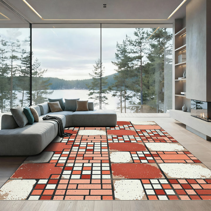 Coral Red Terracotta Brick Squares Rug