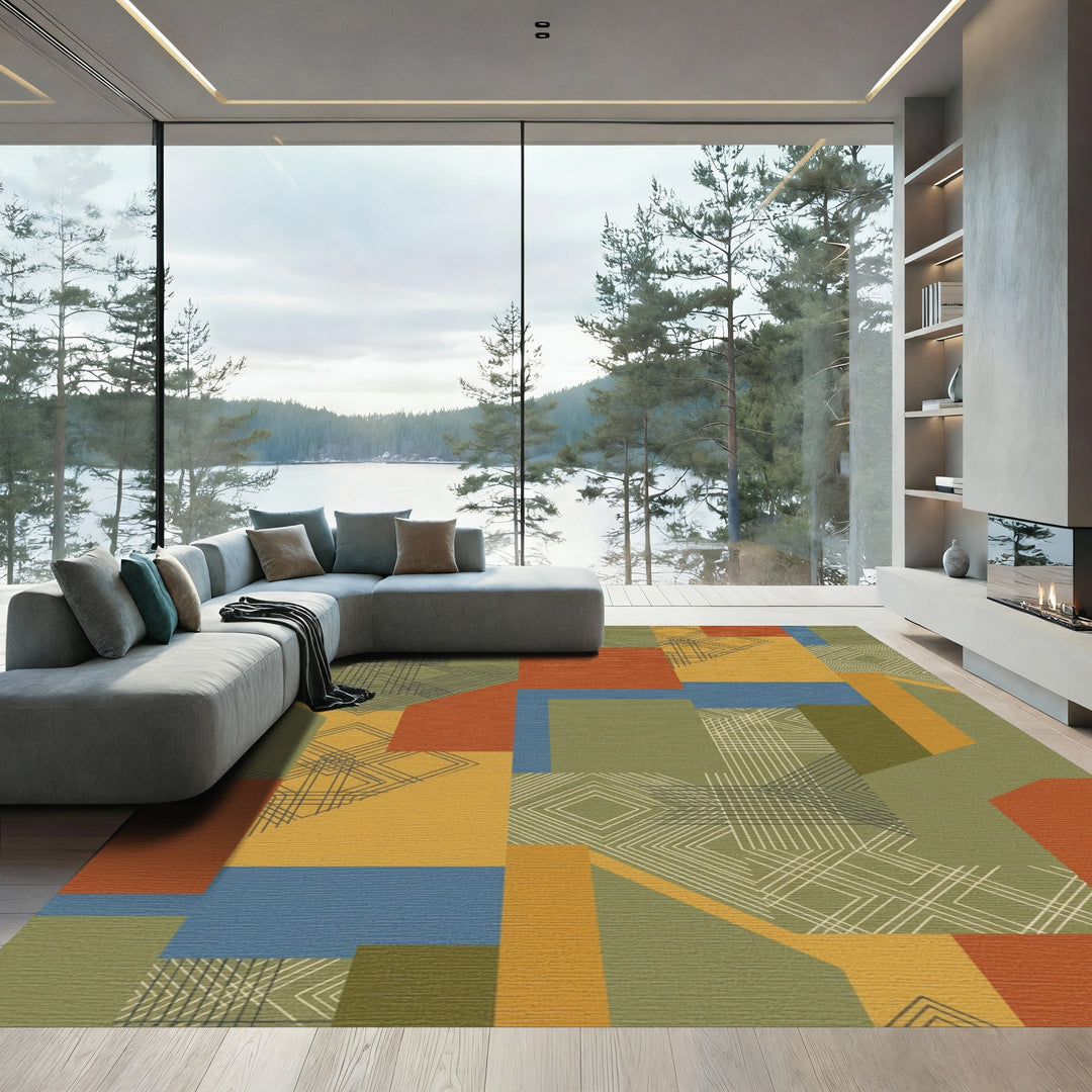 Retro Geometric Blocks Abstract Rug