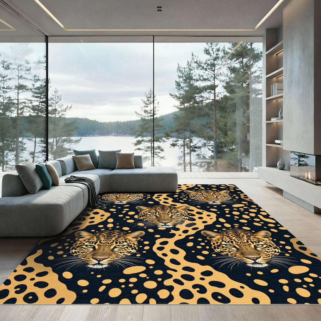 Golden Leopard Spots Dark Background Rug
