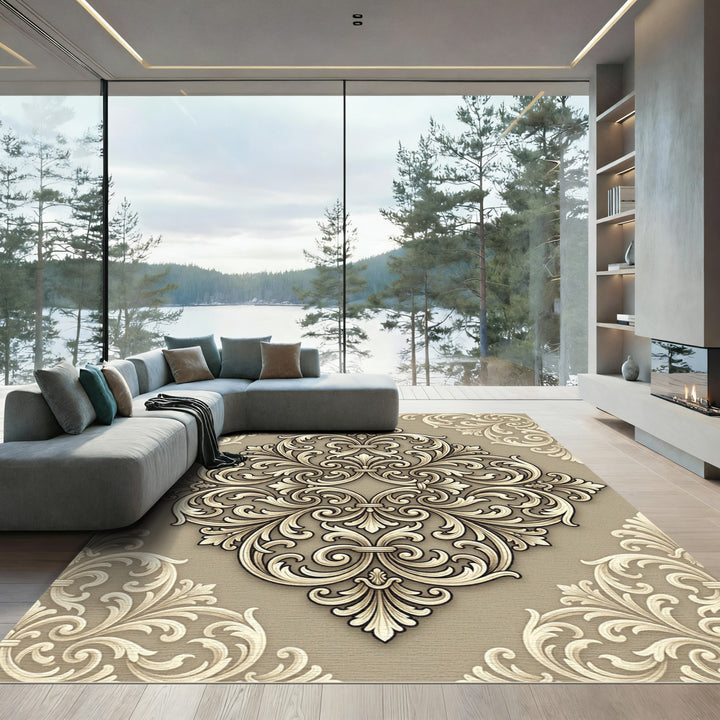 Elegant Gold Scrolled Damask Rug