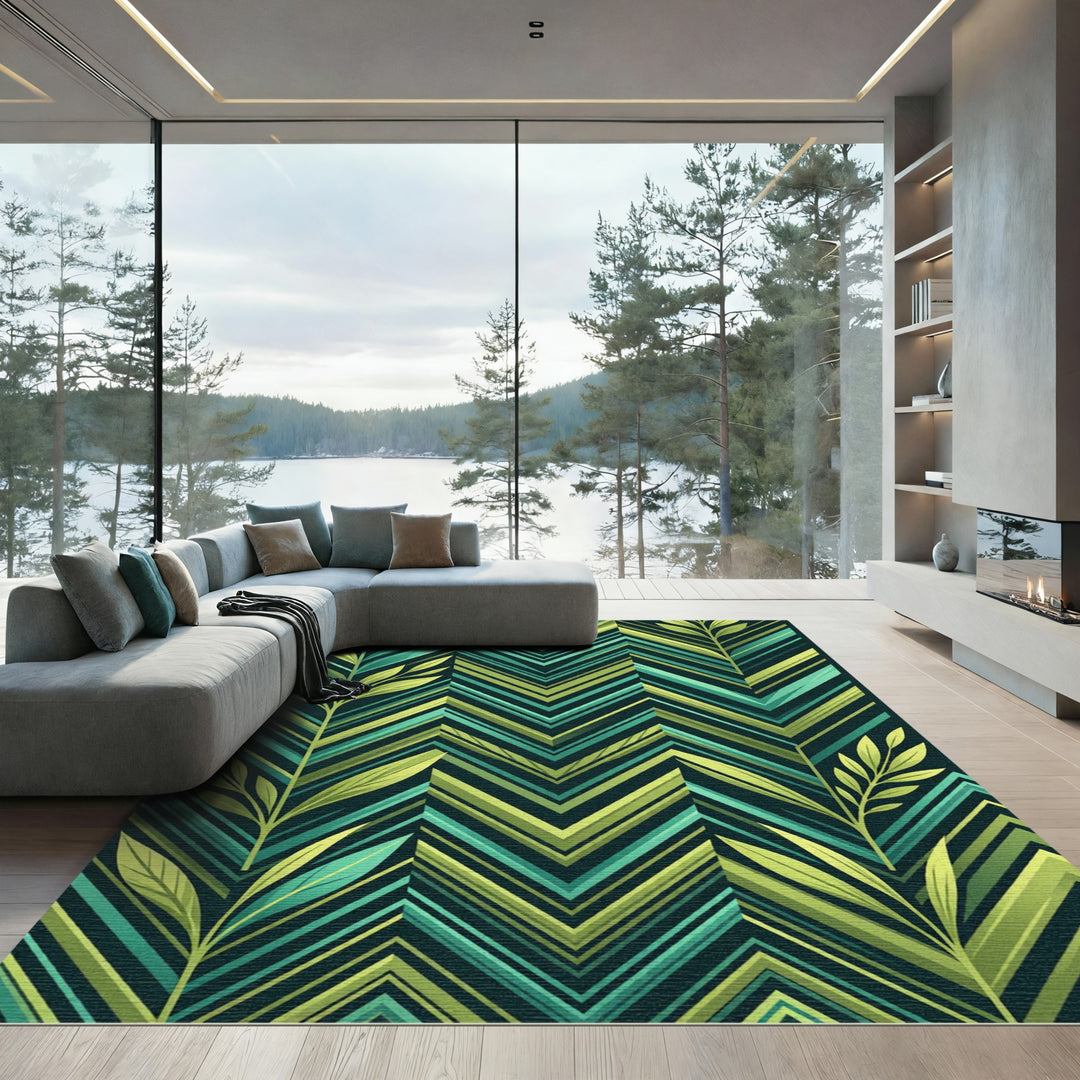 Green Leaf Chevron Abstract Rug