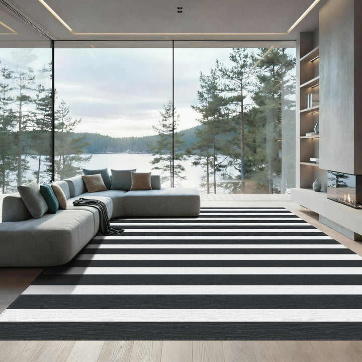 Classic Black White Horizontal Stripes Rug