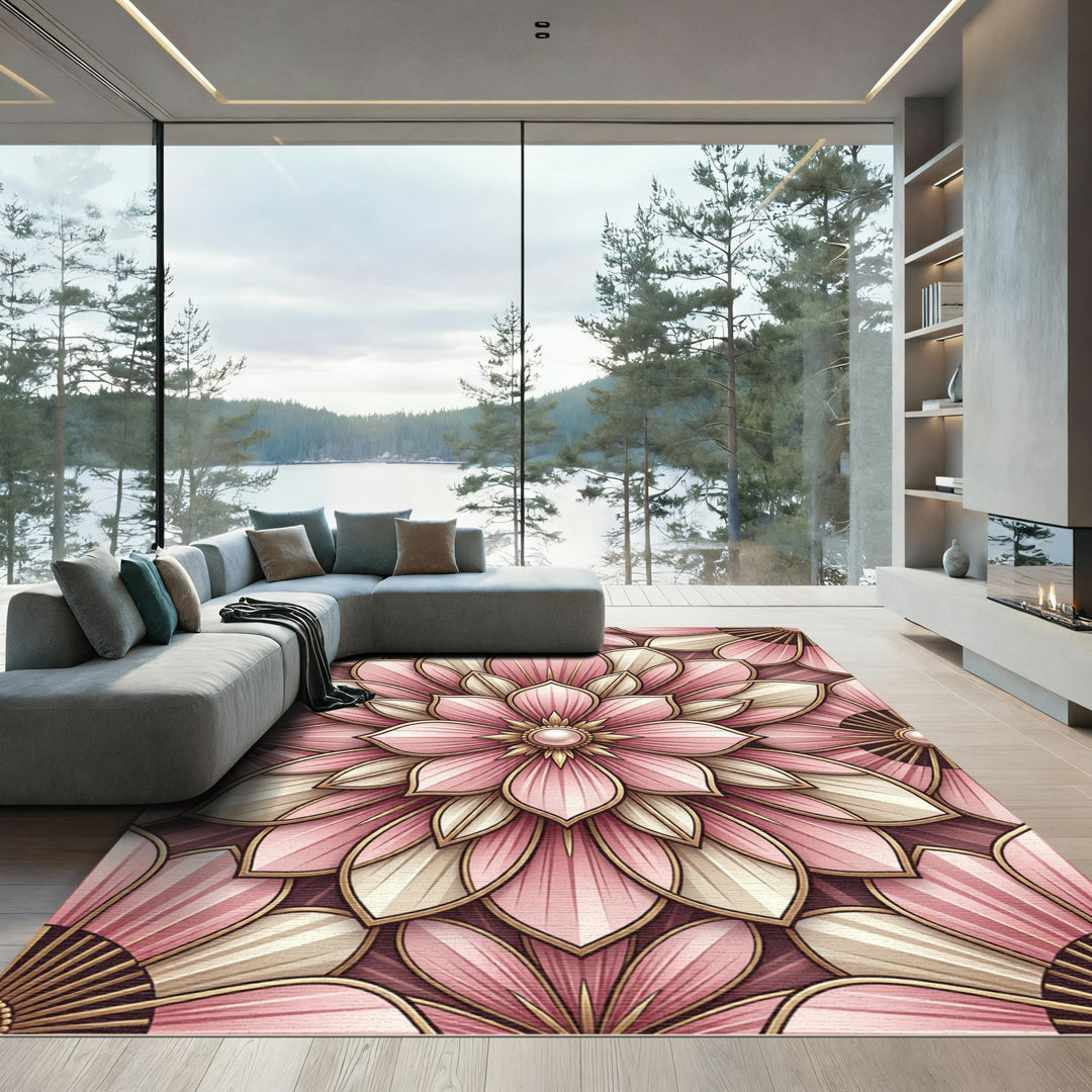 Pink Golden Petal Mandala Rug
