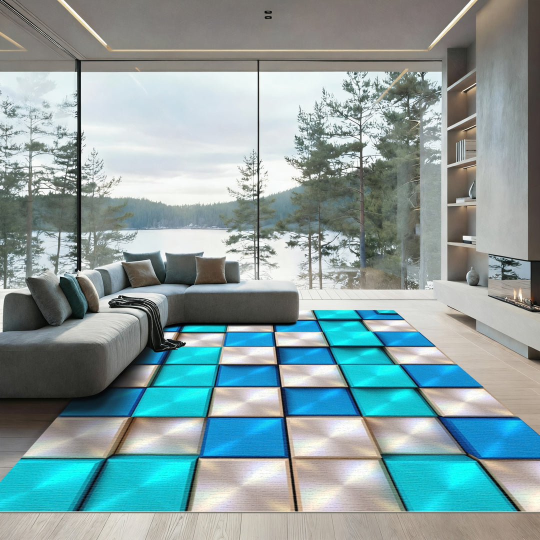 Cool Blue Metallic Cubes Rug