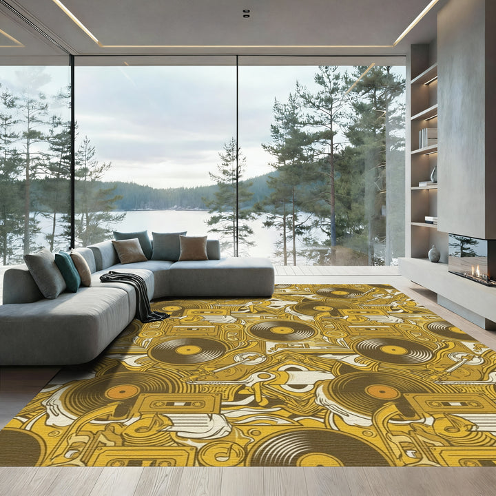 Retro Vinyl Cassette Turntable Collage Rug