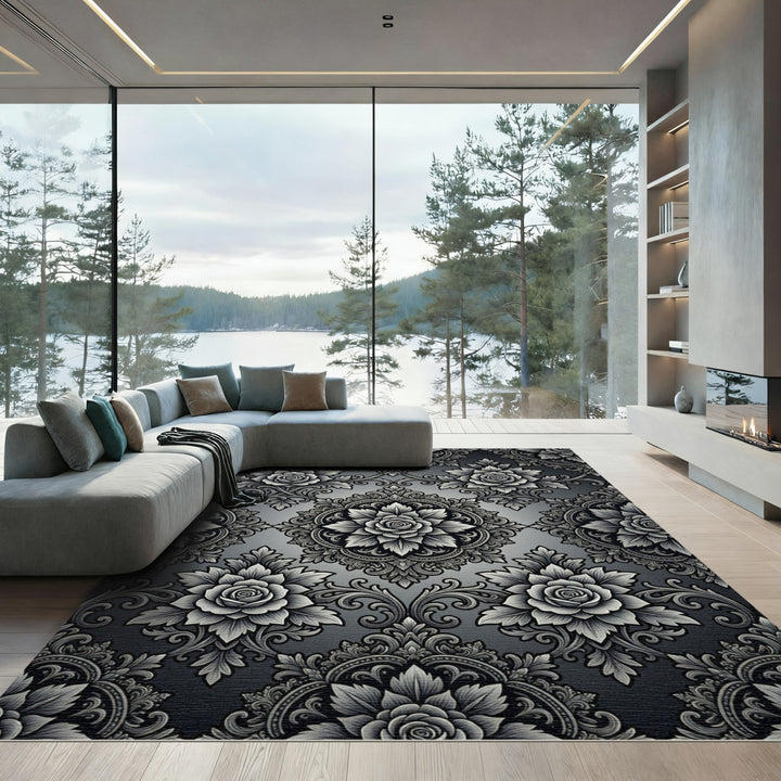 Ornate Gray Floral Damask Rug