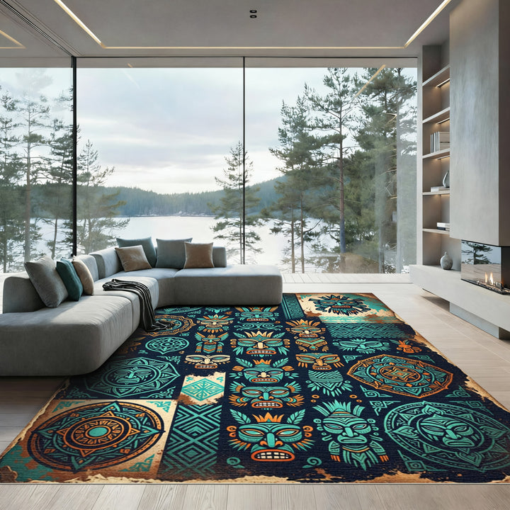 Tribal Teal Orange Mask Collage Rug