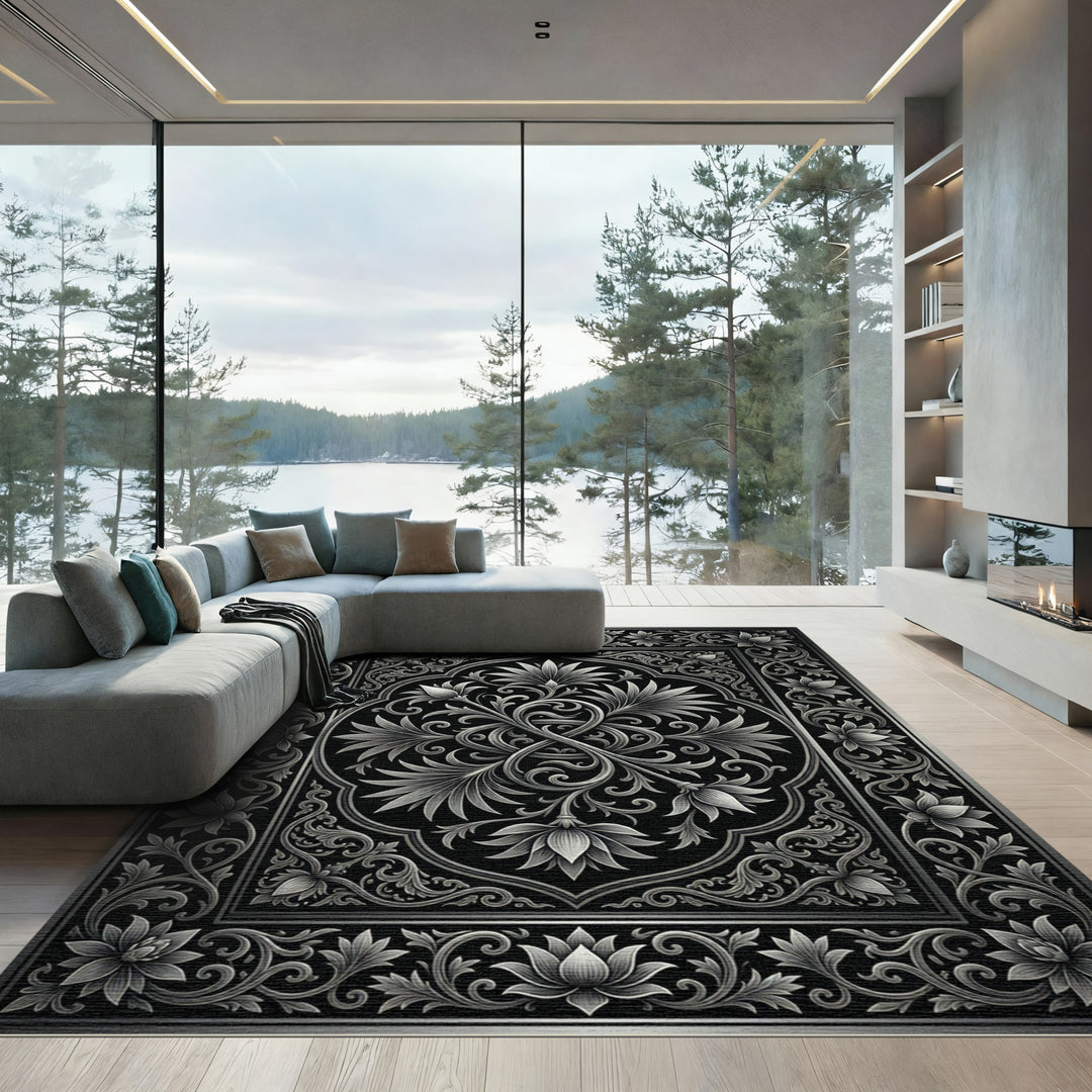 Ornate Silver Floral Scroll Frame Rug