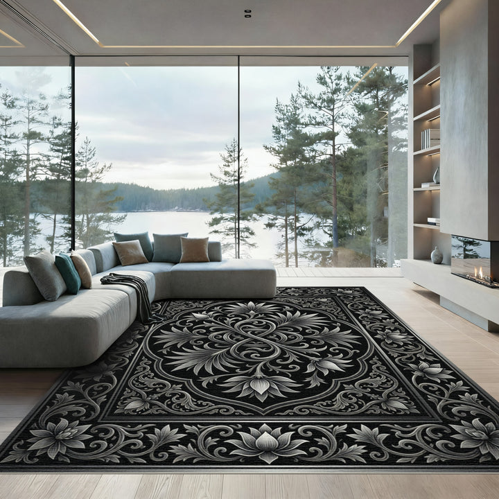 Ornate Silver Floral Scroll Frame Rug