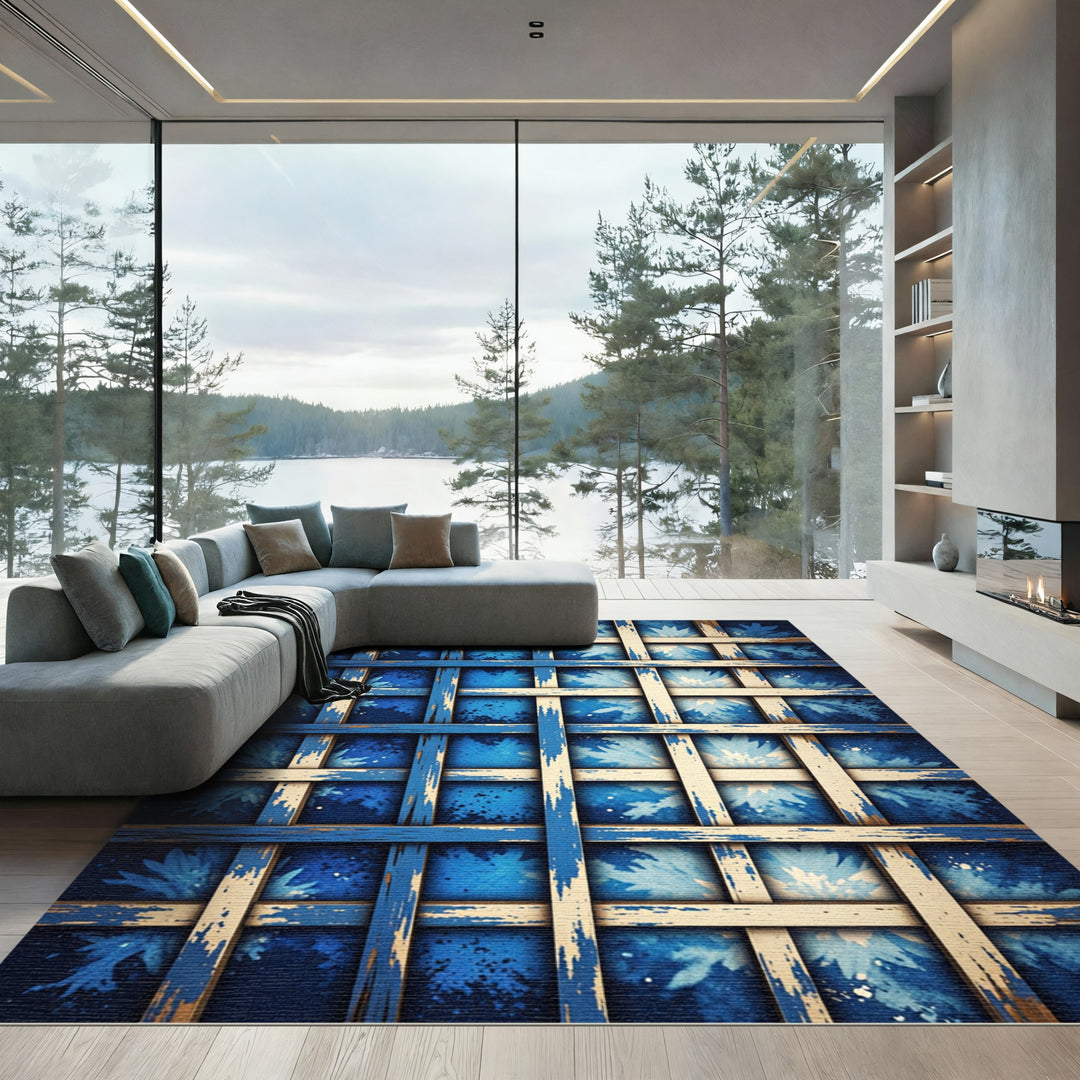 Indigo Botanical Lattice Texture Rug