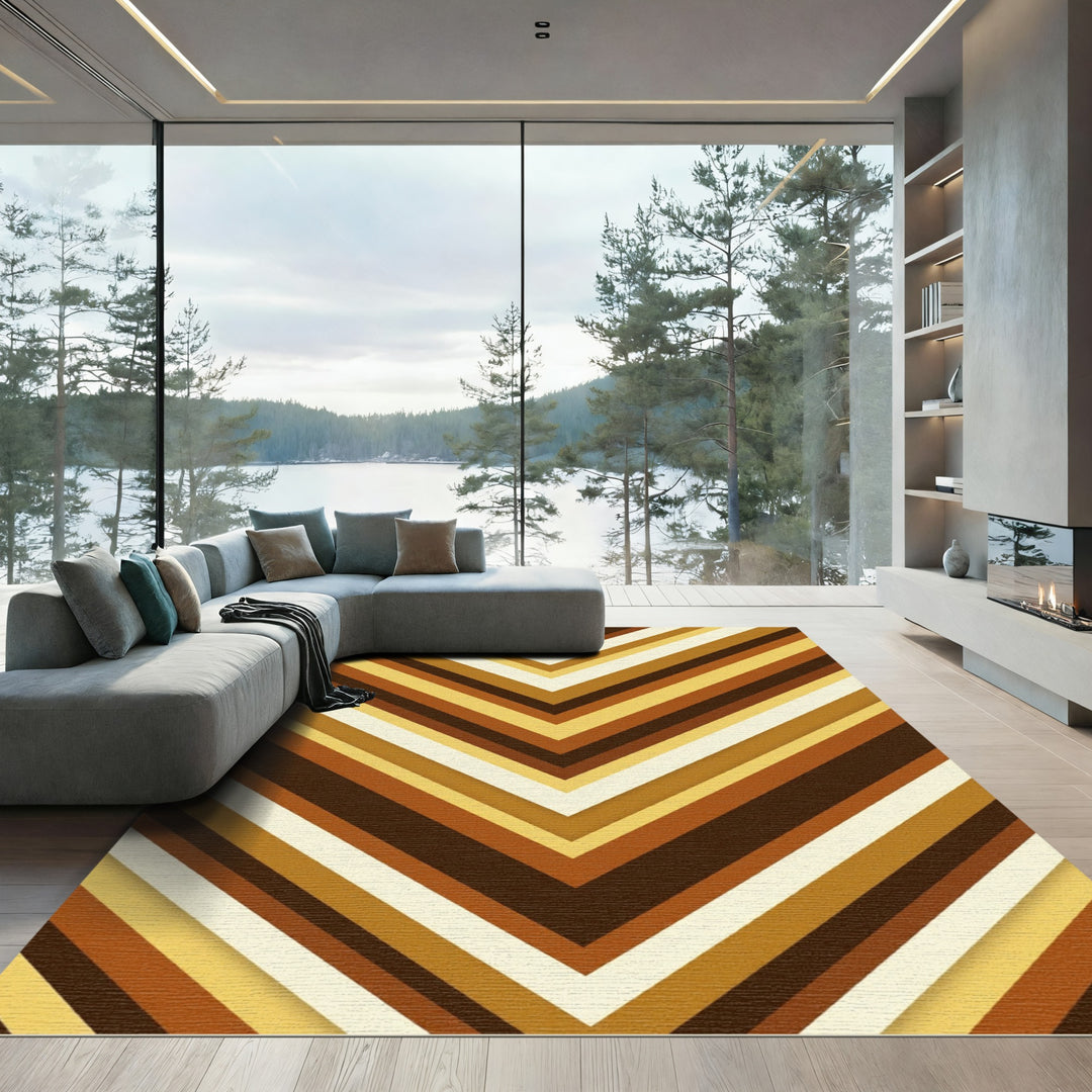 Retro Chevron Brown Yellow Cream Rug