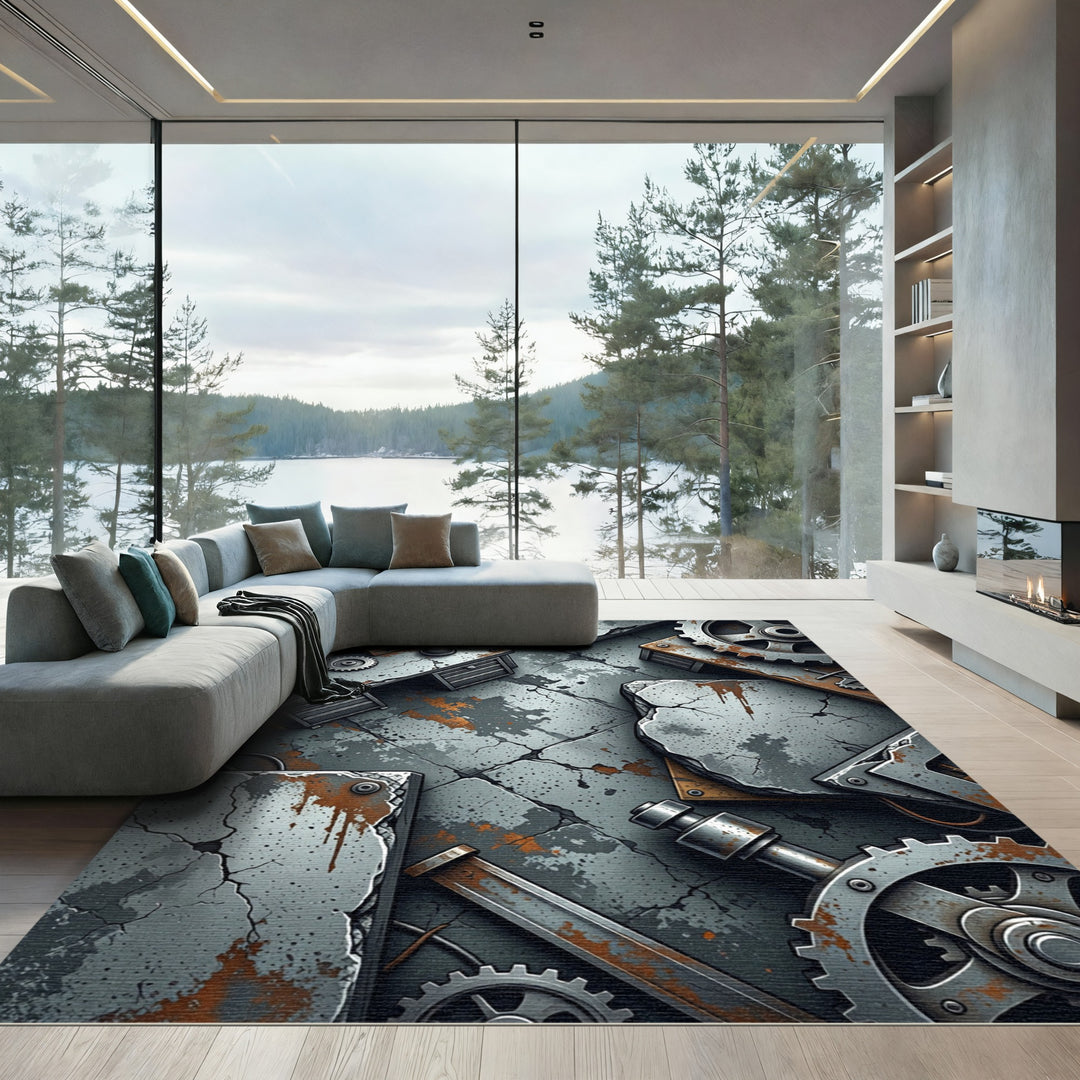 Industrial Gray Concrete Gear Composition Rug