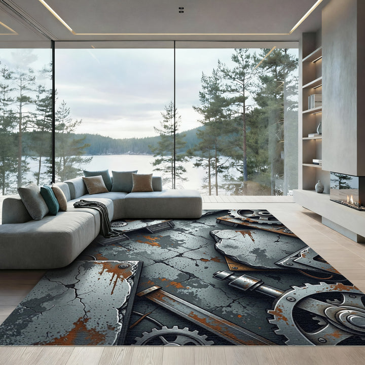 Industrial Gray Concrete Gear Composition Rug