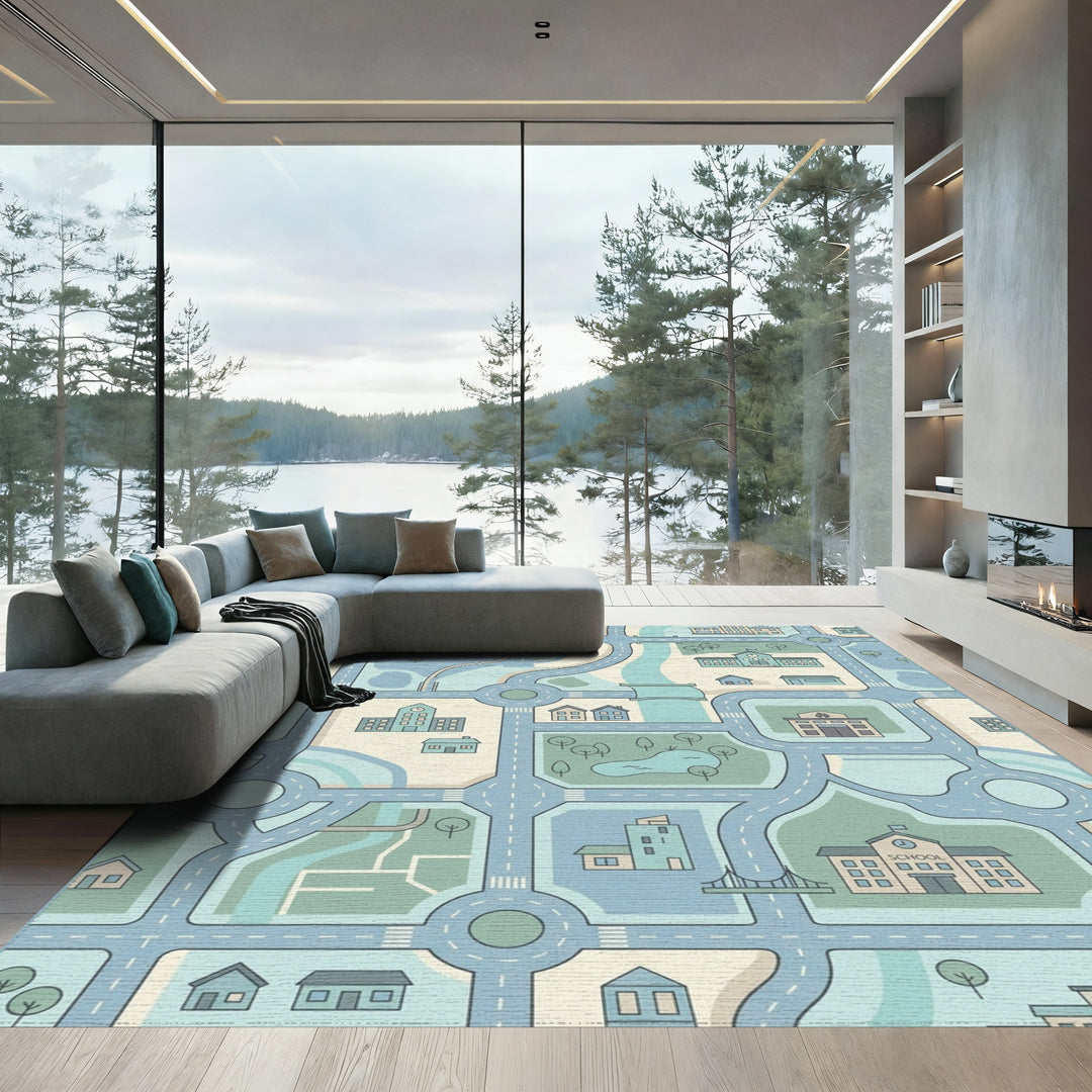 Soft Blue Cityscape Road Network Rug