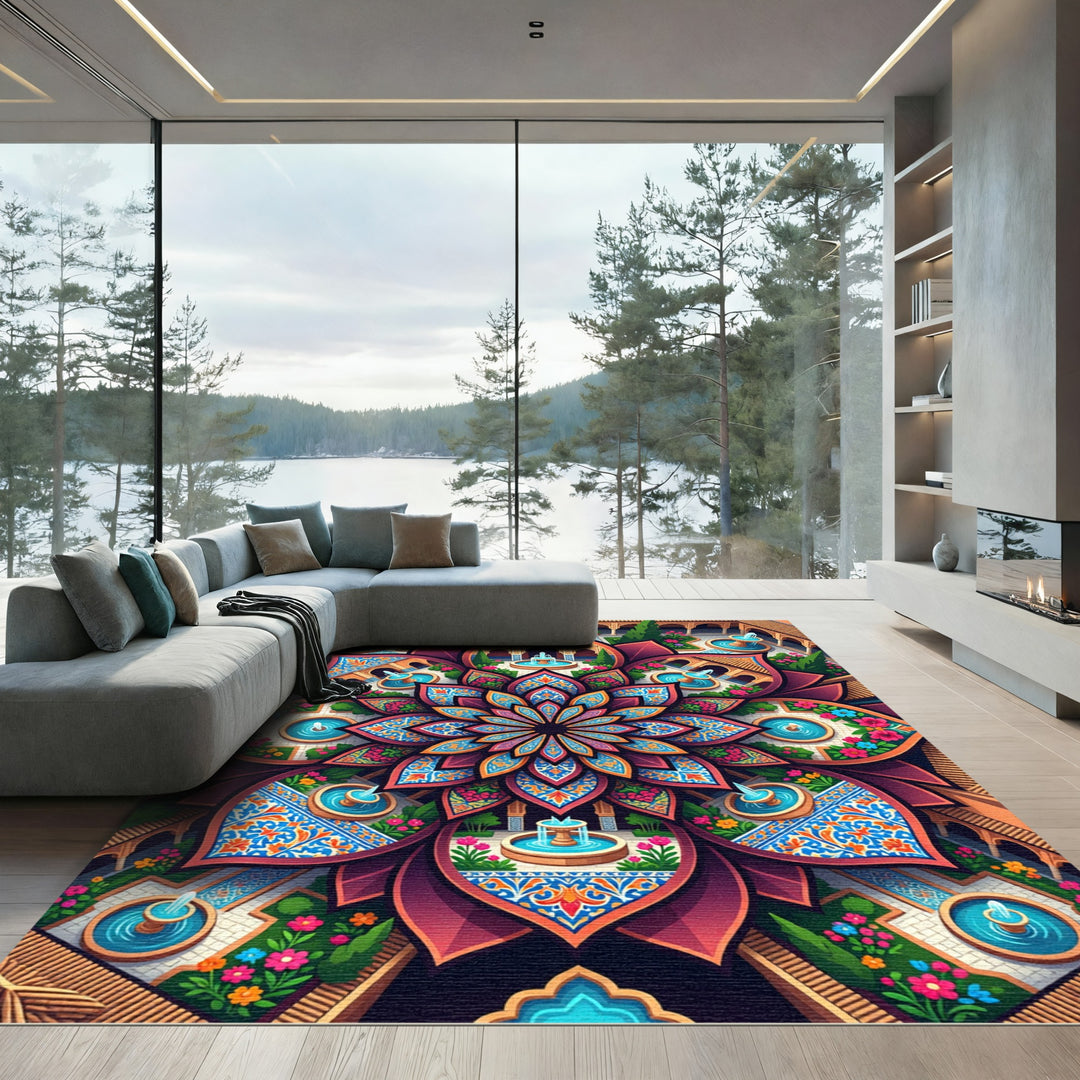 Vibrant Floral Courtyard Mandala Rug