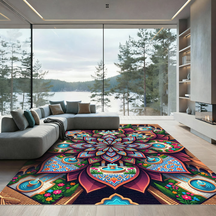 Vibrant Floral Courtyard Mandala Rug