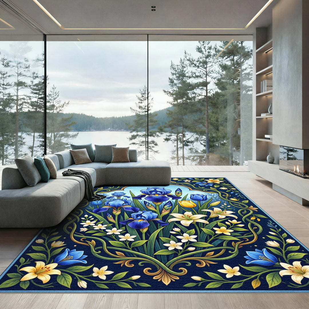 Deep Blue Iris Lily Garden Frame Rug