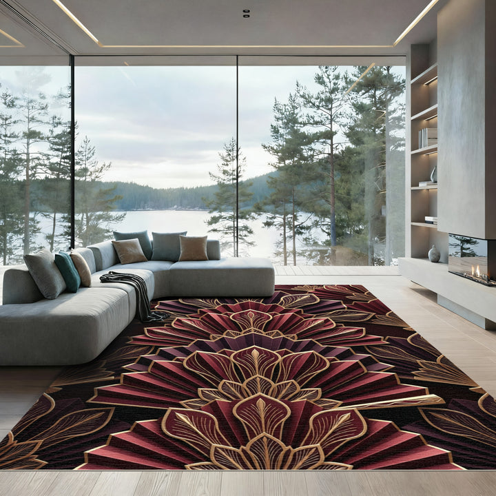 Art Deco Burgundy Gold Fan Rug