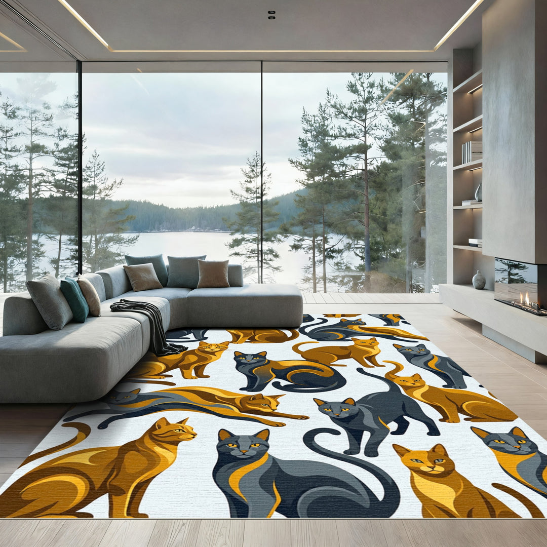 Golden And Grey Feline Pattern Rug