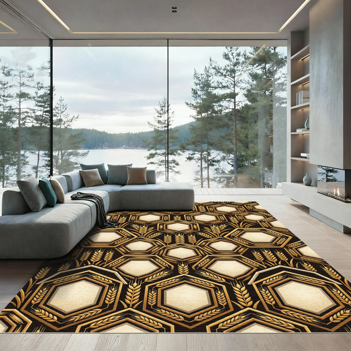 Golden Hexagon Wheat Field Rug