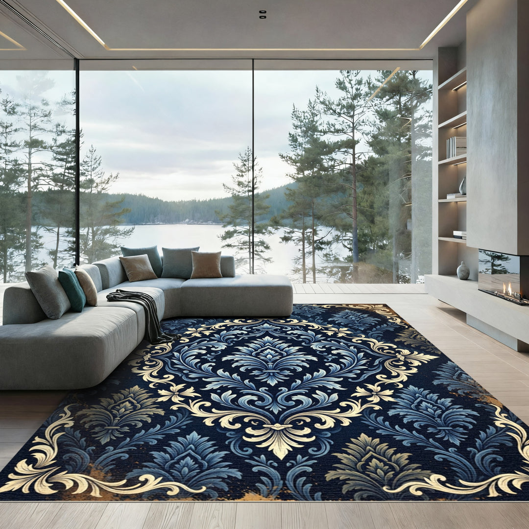 Elegant Blue Golden Damask Rug