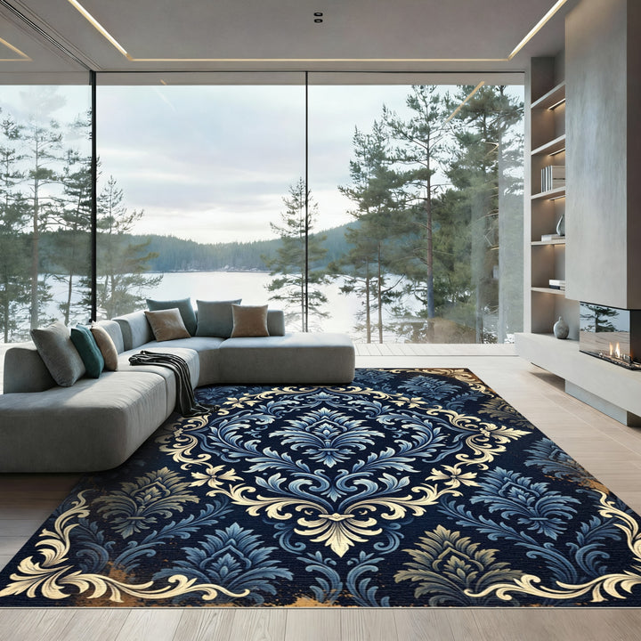 Elegant Blue Golden Damask Rug