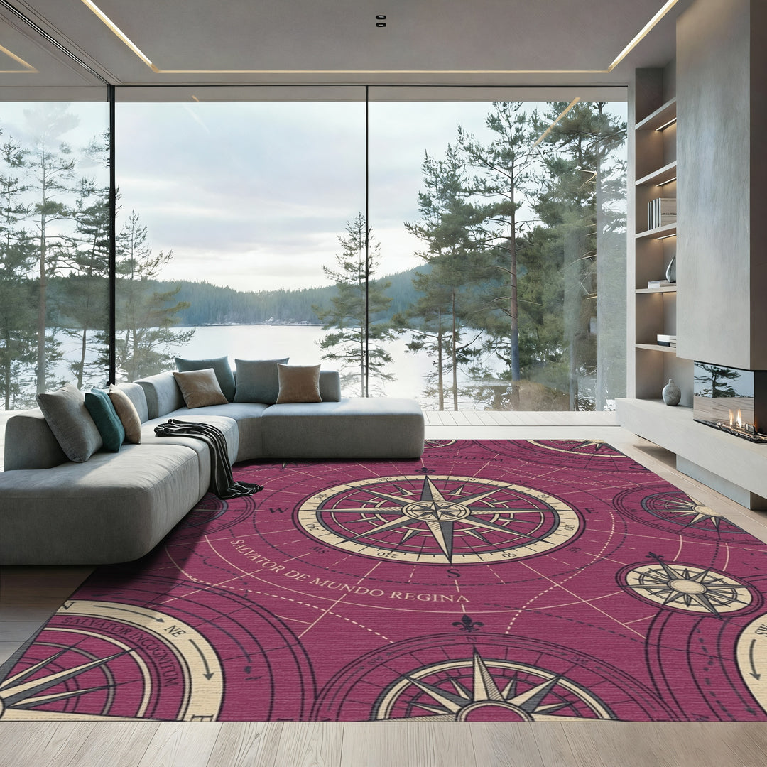 Antique Maroon Compass Rose Map Rug