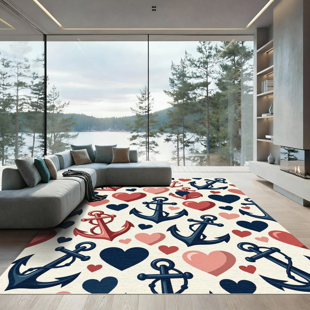 Nautical Red Navy Heart Anchor Repeat Rug