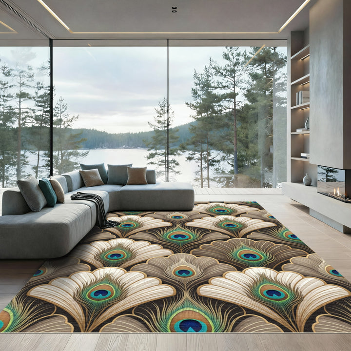 Elegant Teal Peacock Feathers Art Deco Rug