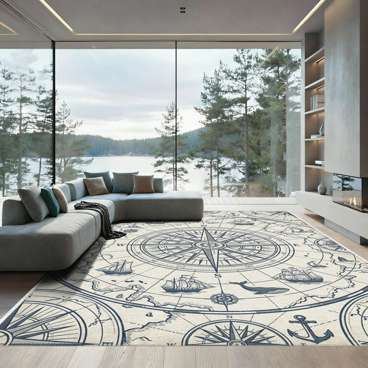 Nautical Compass Ship Whale Map Rug
