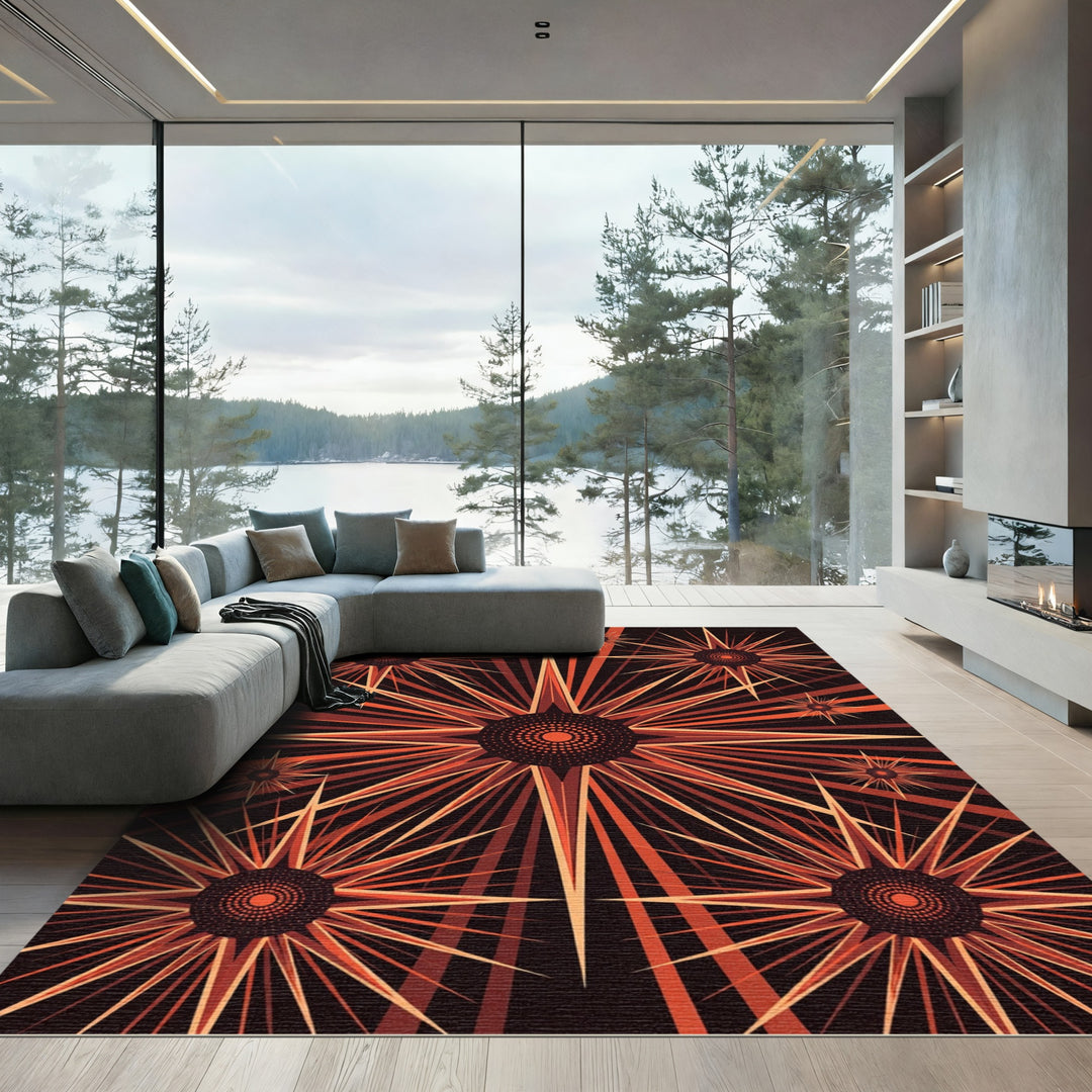 Crimson Sunburst Starburst Floral Rug