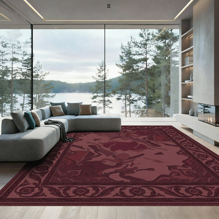 Deep Burgundy Floral Medallion Border Rug