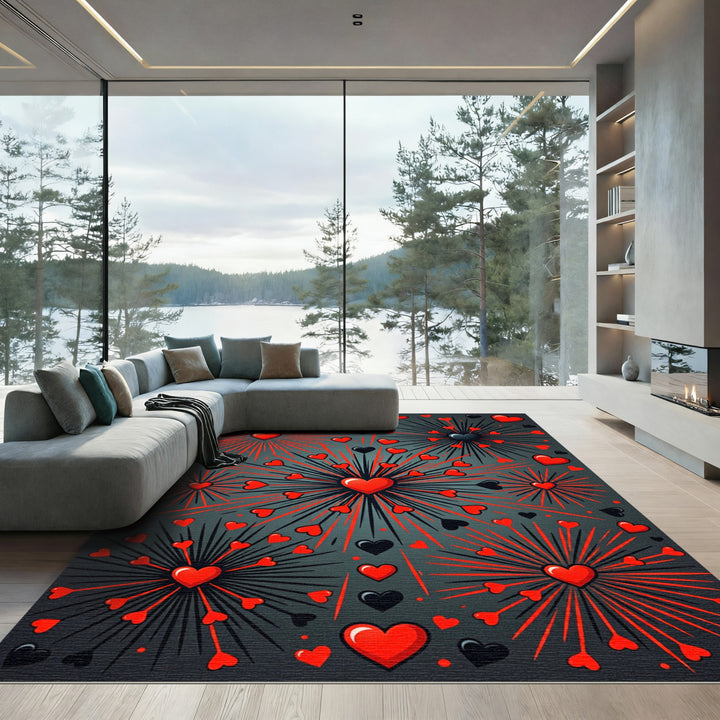 Explosive Red and Black Hearts Rug